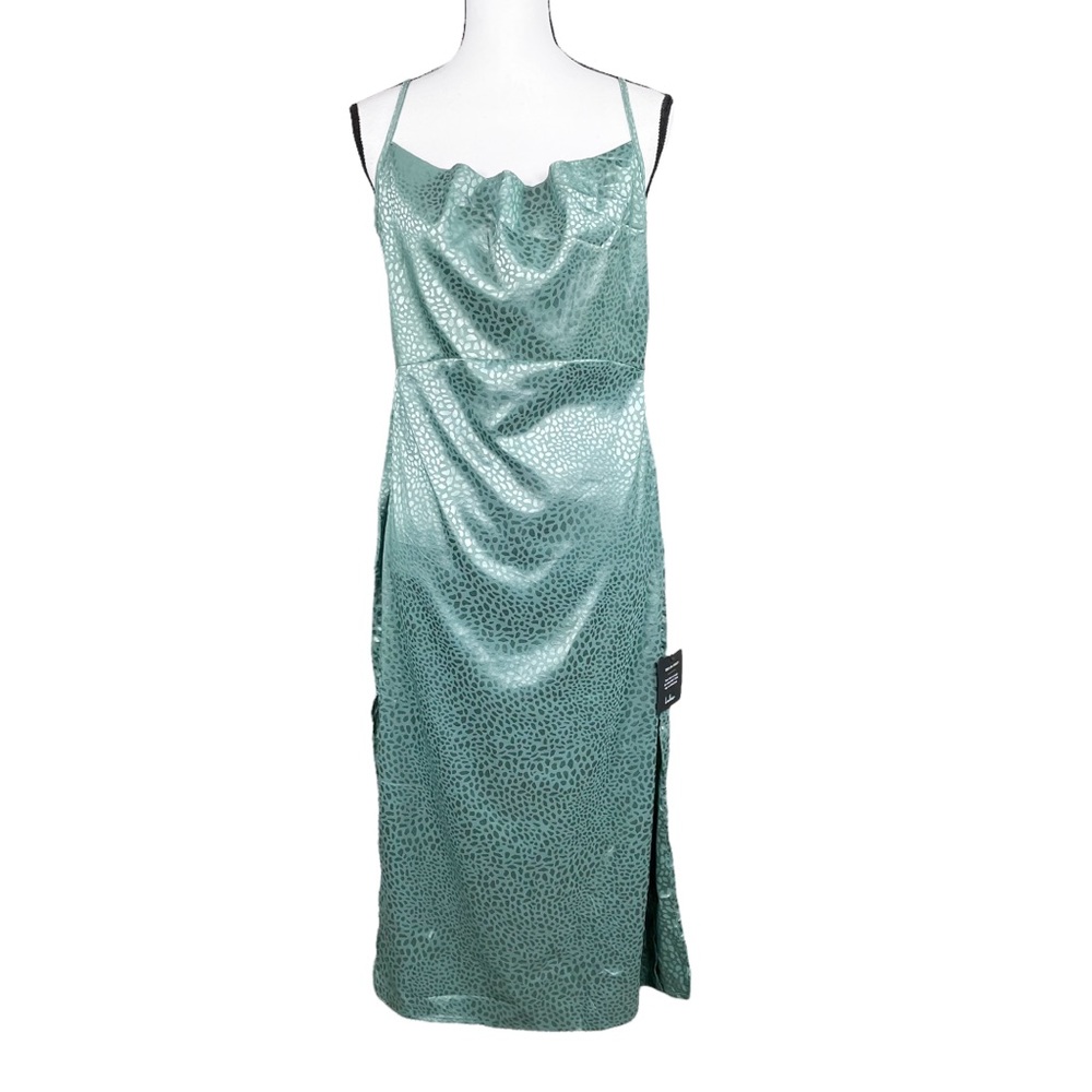 NWT Lulus Stunner Sage Green Satin Jacquard Cowl Neck Midi Dress - Picture 3 of 12